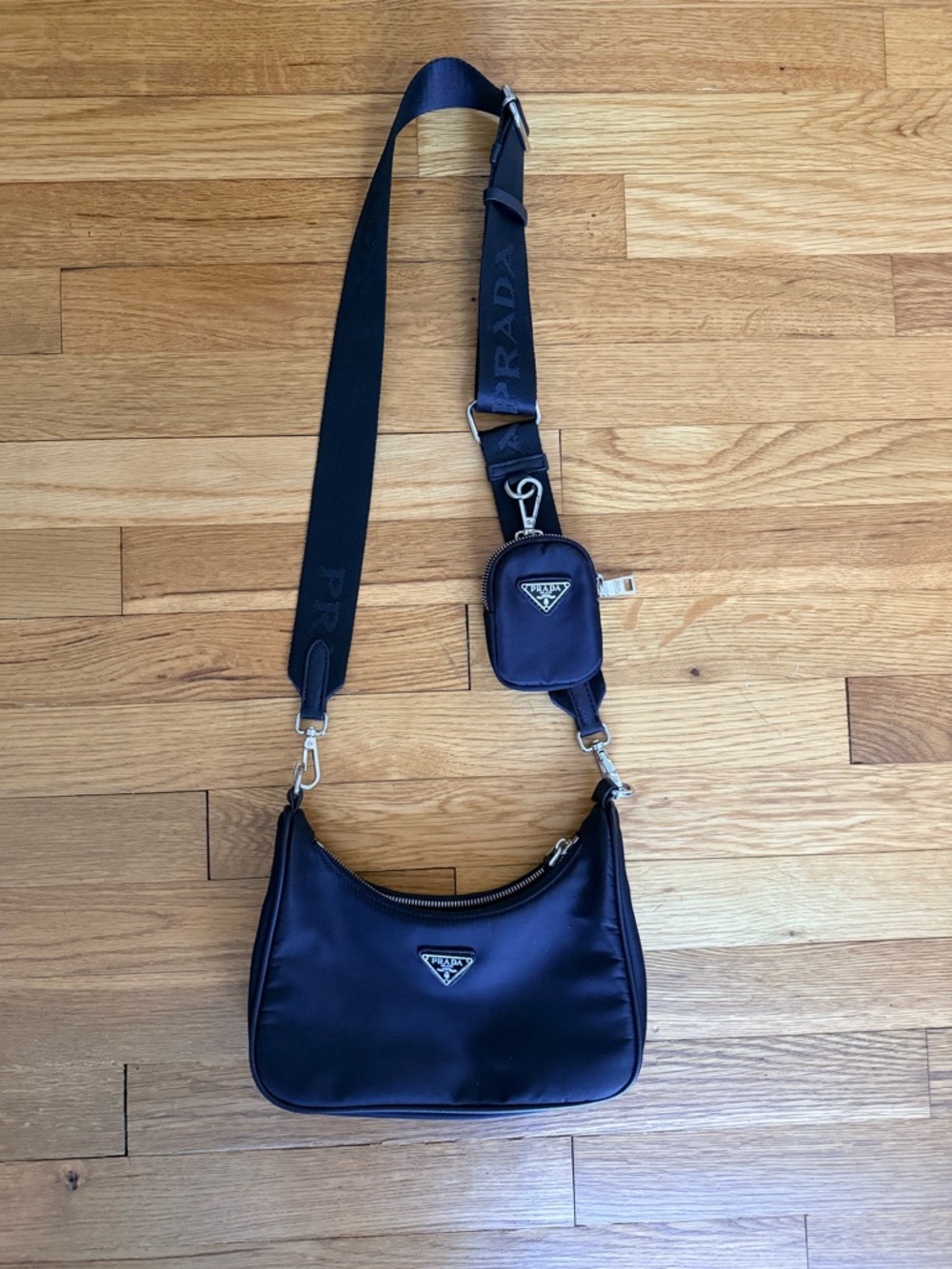 Prada Re-edition 2005 black Nylon Shoulder Bag with Strap, chain and Pouch